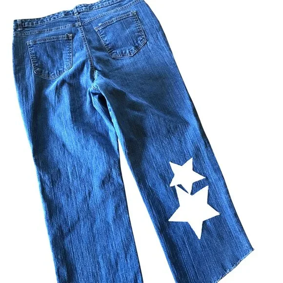 Upcycled Patchwork Jeans, Cropped Denim Hippie Pants with White Stars Size 16 - Picture 7 of 13